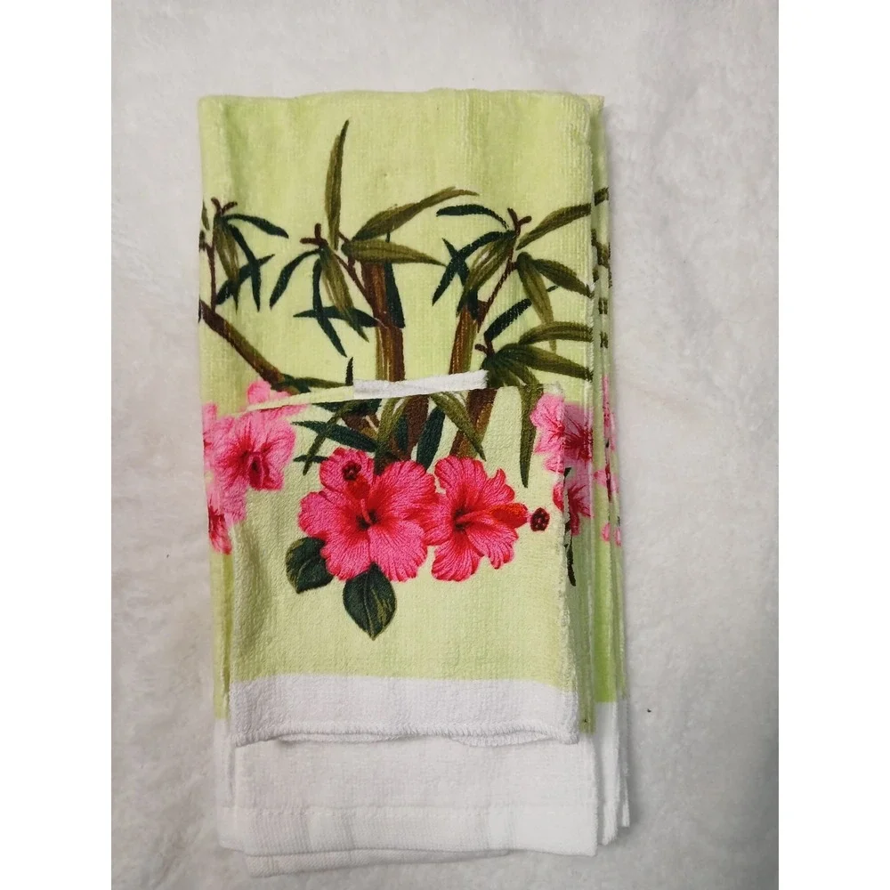 Retro Style 4-Piece Kitchen Cotton Set Pink Hibiscus Floral & Bamboo Print Rare